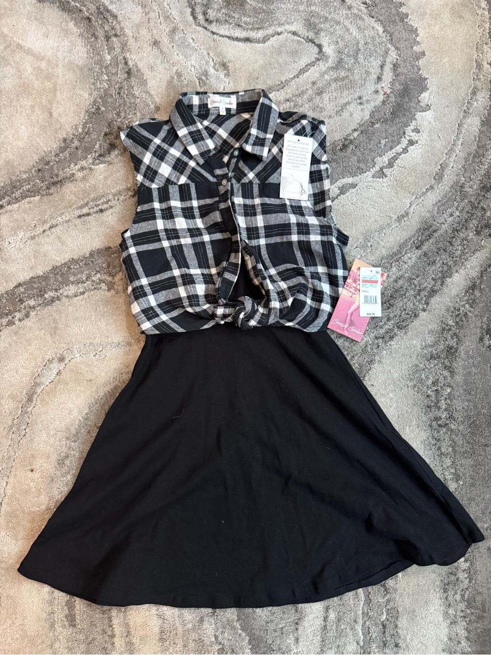 Emerald Sundae Black and White Plaid Tie-Front Dress with Black Skirt